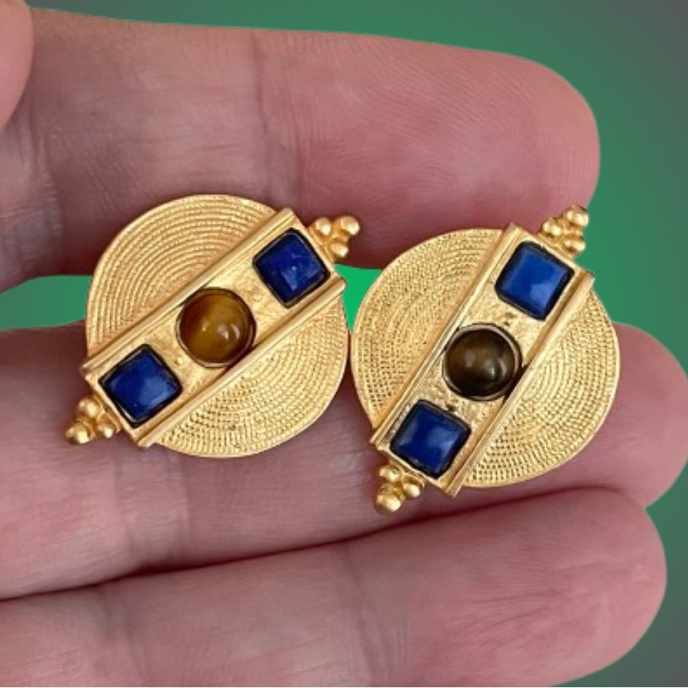 Vintage Gold-Tone Earrings with Blue and Brown Stones